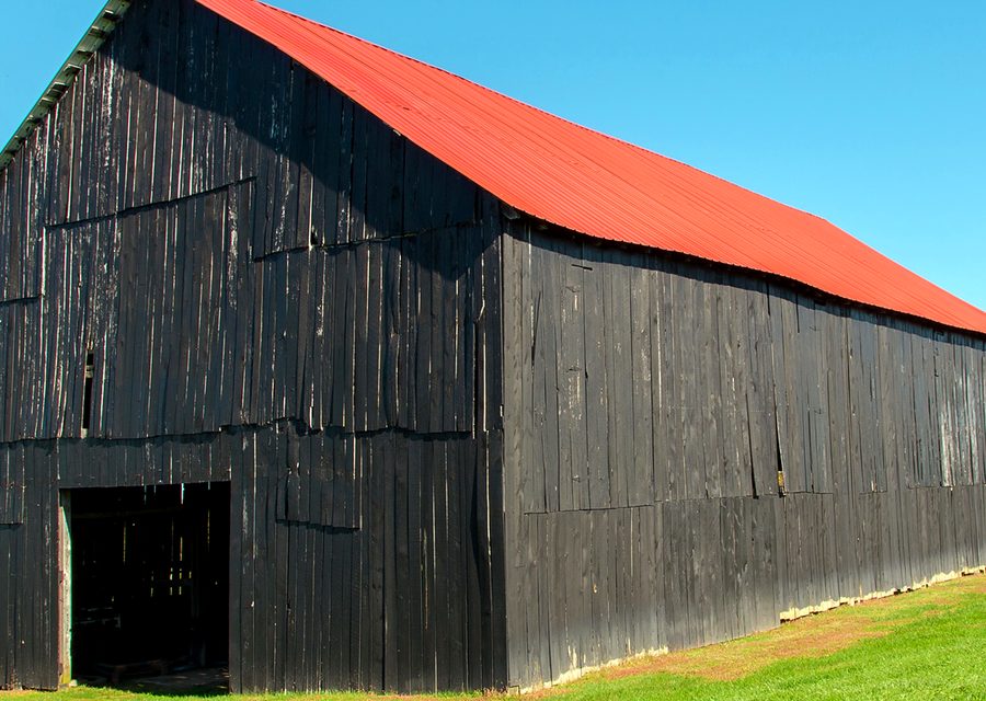 A black Kentucky tobacco barn with a red roof
